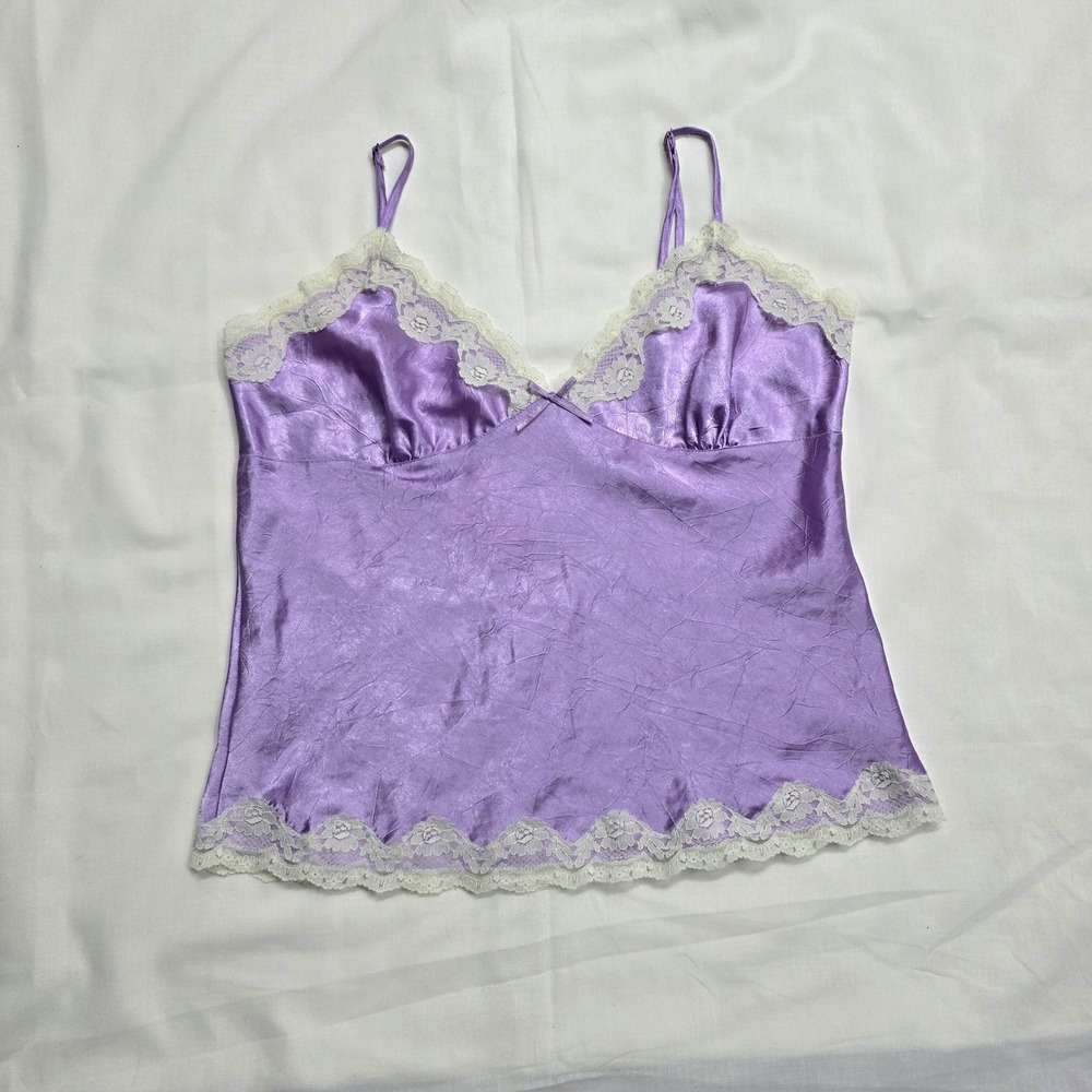 Y2k No Boundaries Lace Cami Crinkle Camisole Womens Medium Purple Satin Tank Top